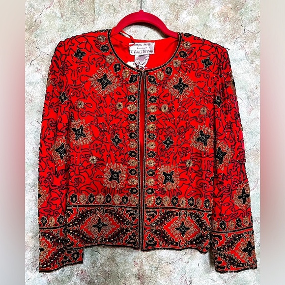 Adrianna Papell Jackets & Blazers - Adrianna Papell 1994 Vintage Red and Black Beaded Blazer with Embroidery
